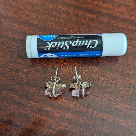 Fairycore Amethyst Sterling Silver Earrings Crystal Raw Cut Stud Boho Handmade - Picture 3 of 10